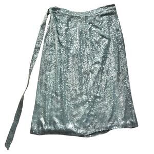 Sally LaPointe Blue Steel Sequin Viscose Belted Wrap Midi Skirt size 18 NEW Tags